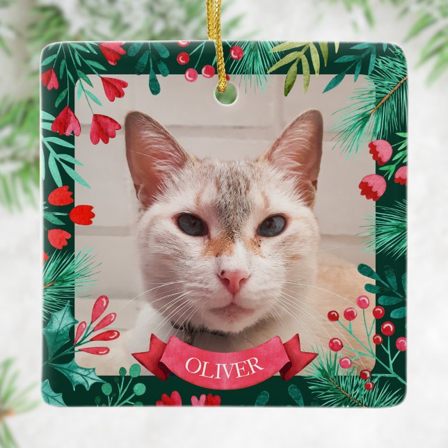 Pet Photo Ornament Watercolor Botanicals (Custom Pet Cat Photo Watercolor Winter Botanicals Ceramic Ornament)