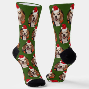 Pet Photo Pattern Forest Green Red Christmas Socks