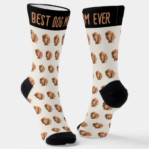 Pet Photo Pattern Ivory Brown Best Dog Mom Ever Socks