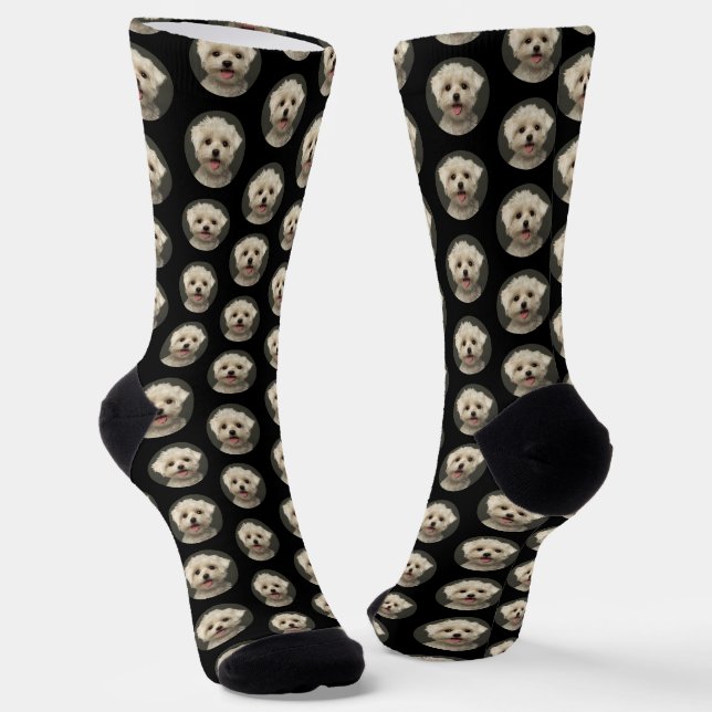 Pet Photo Pattern on Black Trendy Custom Socks (Angled)