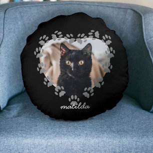 Pet Photo Paw Print Heart Black Cat Love Quote Round Cushion