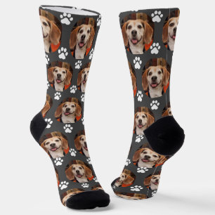 Pet Photo & Paw Prints Grey White Socks