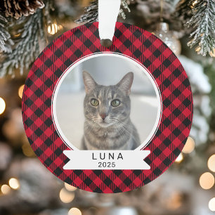 Pet Photo Red and Black Buffalo Plaid Christmas Ornament
