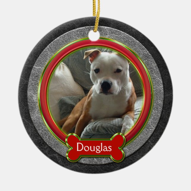 Pet Photo Red Green Grey Leather Christmas Ceramic Tree Decoration (Front)