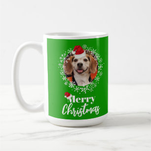 Pet Photo Red Santa Hat Snowflakes Green Christmas Coffee Mug