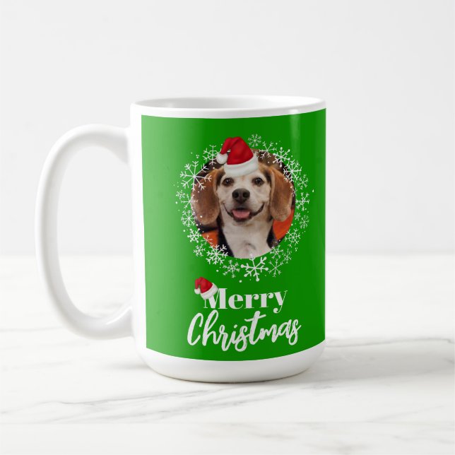 Pet Photo Red Santa Hat Snowflakes Green Christmas Coffee Mug (Left)
