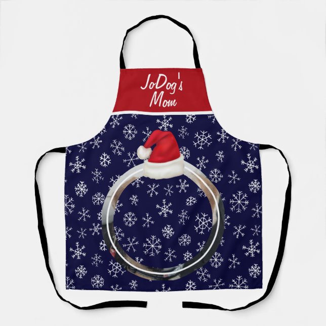 Pet Photo Red Santa Hat Snowflakes Navy Christmas Apron (Front)