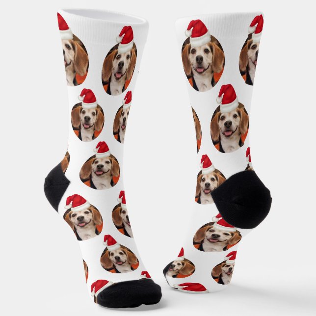Pet Photo Red White Santa Hats on Head Christmas  Socks (Angled)