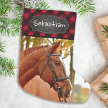 Pet Photo Rustic Red Buffalo Plaid Horse Lover Small Christmas Stocking<br><div class="desc">Decorate your home and spoil your favourite pet with this super cute and fun custom horse photo christmas stocking in a red and black buffalo check plaid design . Perfect for horse, dog, cat and kids! Makes a treasured keepsake to celebrate the special puppy first Christmas. Stocking is double sided,...</div>