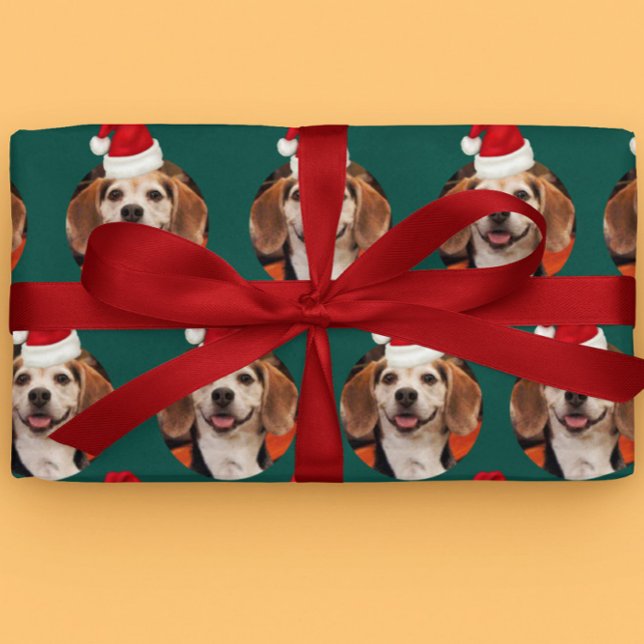 Pet Photo Santa Hats on Head Christmas Green  Wrapping Paper (Creator Uploaded)