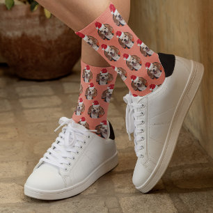 Pet Photo & Santa Hats on Head Coral Christmas Socks