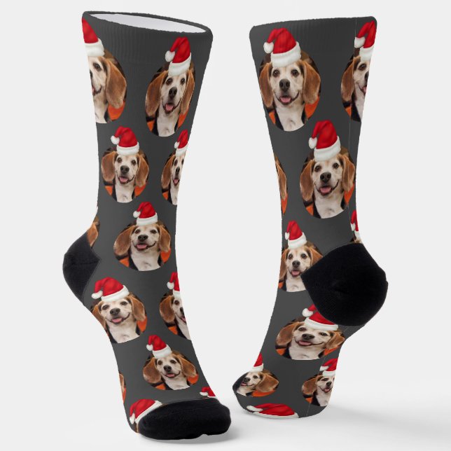 Pet Photo & Santa Hats on Head Grey Christmas Socks (Angled)