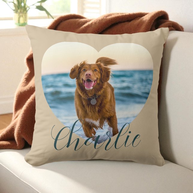 Pet Photo Script Beige Cute Heart Personalised Dog Cushion (Pet Photo Script Beige Cute Heart Personalized Dog Throw Pillow)