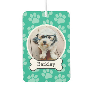 Pet Photo with Dog Bone and Paw Prints Green Car Air Freshener