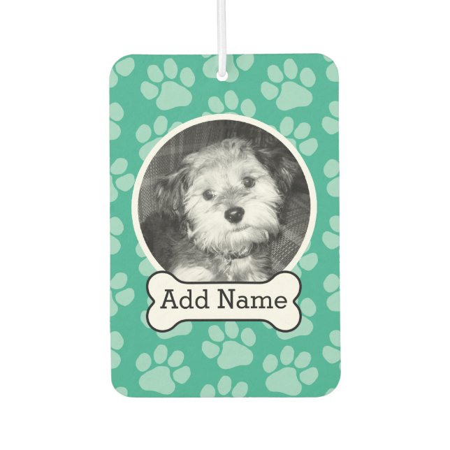 Pet Photo with Dog Bone and Paw Prints Green Car Air Freshener (Front)