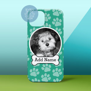 Pet Photo with Dog Bone and Paw Prints Green iPhone 15 Mini Case