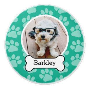 Pet Photo with Dog Bone and Paw Prints Green Ceramic Knob
