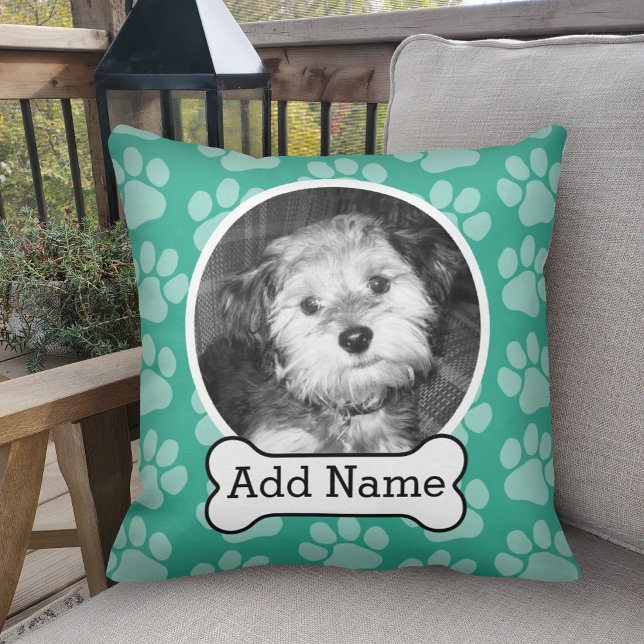 Pet Photo with Dog Bone and Paw Prints Green Cushion (Creator Uploaded)