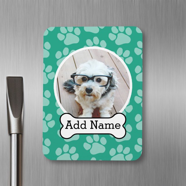 Pet Photo with Dog Bone and Paw Prints Green Magnet (Personalized pet magnet)