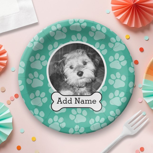 Pet Photo with Dog Bone and Paw Prints Green Paper Plate (Custom Paper Plate for a Party)
