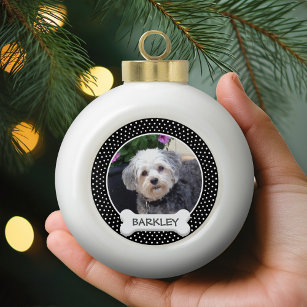 Pet Photo with Dog Bone - black white polka Ceramic Ball Christmas Ornament