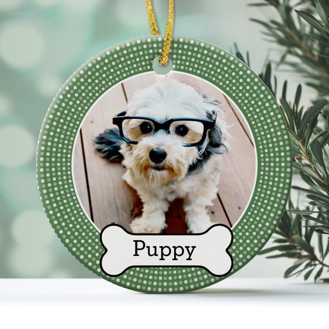Pet Photo with Dog Bone - green polka dots Ceramic Tree Decoration (A fun pet ornament with a green polka dot border with a dog bone area for the pet name)