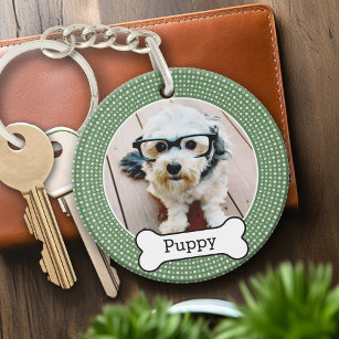 Pet Photo with Dog Bone - green polka dots Key Ring