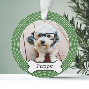 Pet Photo with Dog Bone - green polka dots Ornament