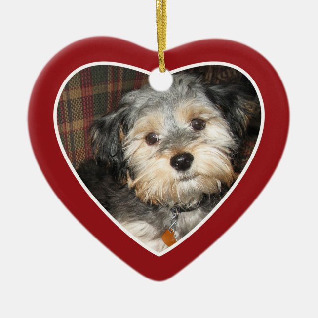 Pet Photo with Dog Bone - Heart Double Sided Ceramic Ornament (Front)