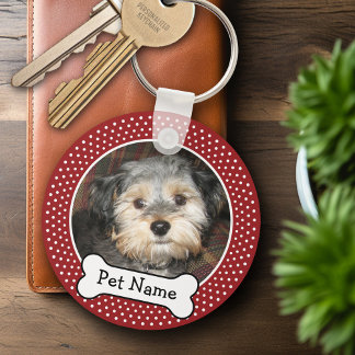 Pet Photo with Dog Bone Red Polka Dots Key Ring