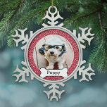 Pet Photo with Dog Bone - red polka dots Snowflake Pewter Christmas Ornament<br><div class="desc">Perfect family gift ! Personalise with your photo. If you need to adjust the photo or type,  click on the CUSTOMIZE button above.</div>