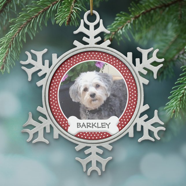 Pet Photo with Dog Bone - red polka dots Snowflake Pewter Christmas Ornament (A photo ornament with a simple frame for a pet photo)