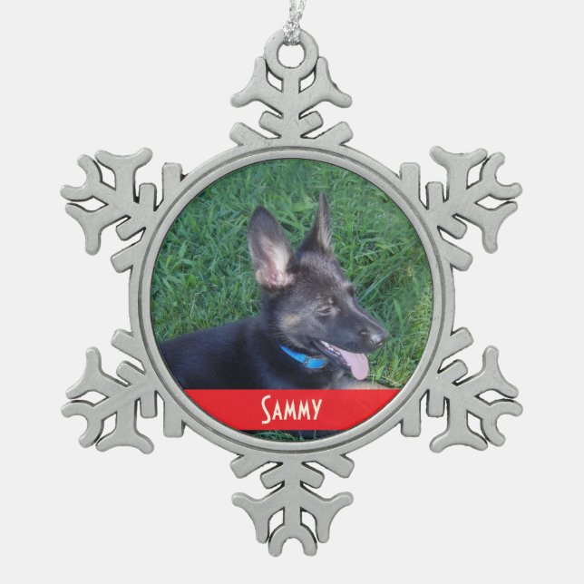 Pet Photo with Monogrammed Name Holiday Snowflake Pewter Christmas Ornament (Front)