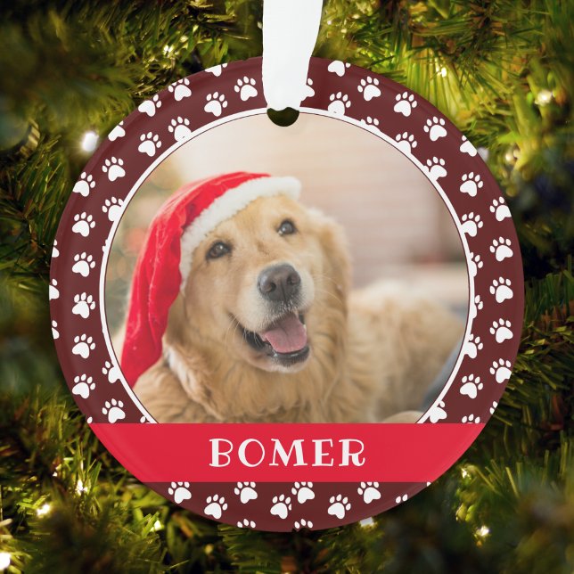 Pet Photo with Paw Print Pattern with Name Ornament (Creator Uploaded)