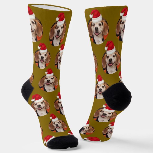 Pet Photo Yellow Brown Cute Santa Hats Christmas Socks (Angled)