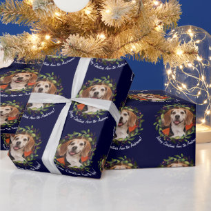 Pet Photo Your Name Navy Christmas Wrapping Paper