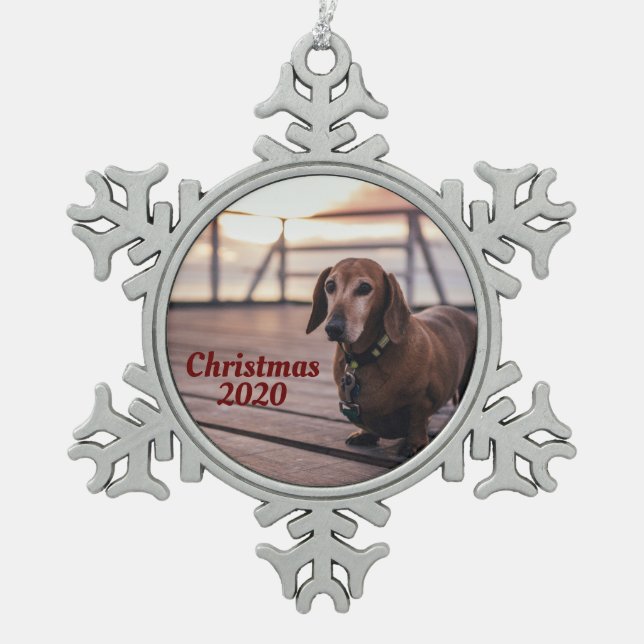 Pet Photograph, Christmas 2020, Personalised Snowflake Pewter Christmas Ornament (Front)
