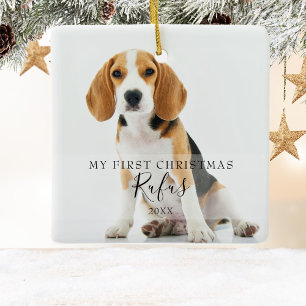  Pet Photos Modern Script First Christmas  Ceramic Ornament