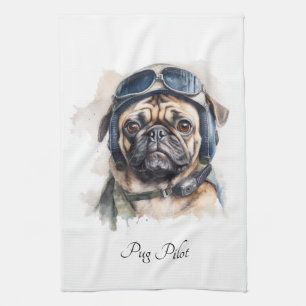 Pet Pilot Pug customisable Tea Towel