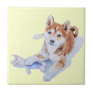 pet portrait painting of cute puppy sheba inu dog tile