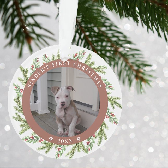 Pet Puppy Dog First Christmas 2 Photos Greenery Ornament (Pet Puppy Dog First Christmas 2 Photos Greenery Ornament)
