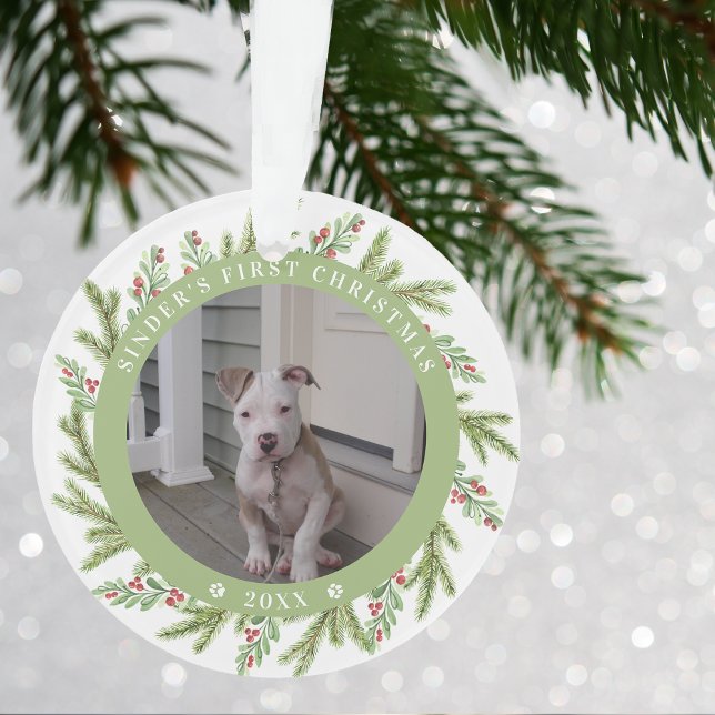 Pet Puppy Dog First Christmas 2 Photos Greenery Ornament (Pet Puppy Dog First Christmas 2 Photos Greenery Ornament)