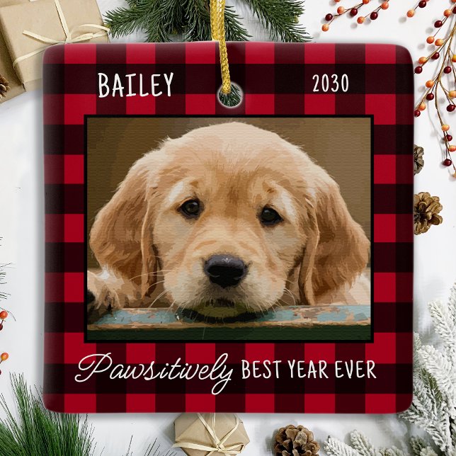 Pet Puppy Dog Photo Red Buffalo Plaid Christmas Ceramic Ornament (Creator Uploaded)