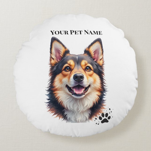 Pet’s Simple Modern Name & Photo Custom Design Round Cushion (Front)