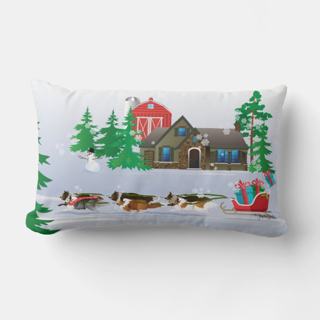 Pet Shelties Pulling Red Sleigh, Holiday Christmas Lumbar Cushion (Front)