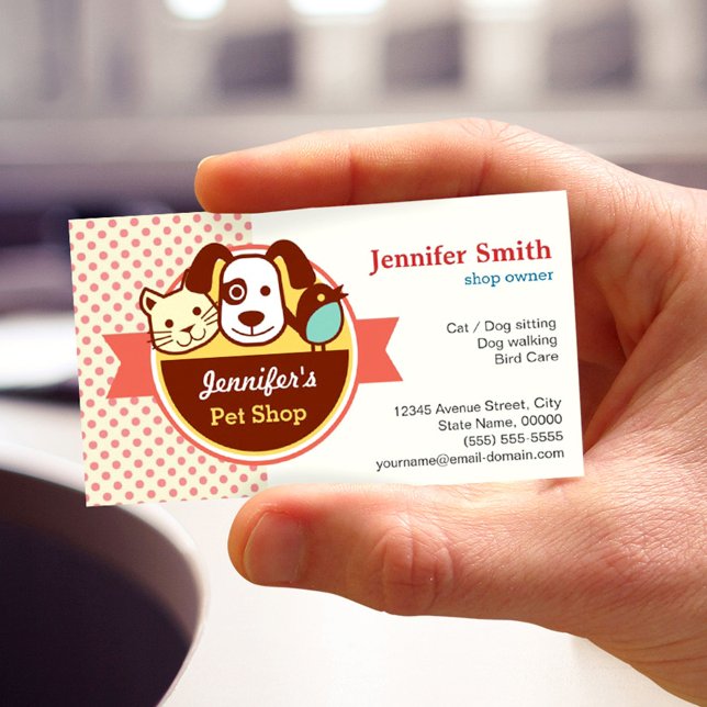 Pet Shop Pet Care Pet Groomer Cute Polka Dots Business Card (Creator Uploaded)