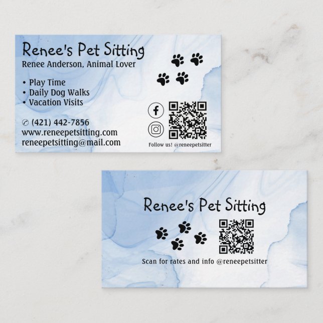 Pet Sitter Blue Watercolor QR Code Business Card (Front/Back)