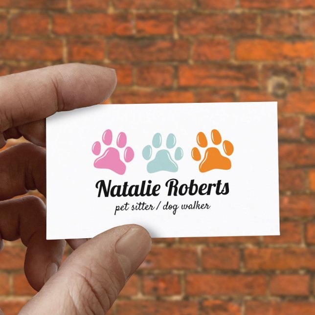 Pet Sitter Dog Walker Cute 3 Colour Paw Prints Business Card (Creator Uploaded)