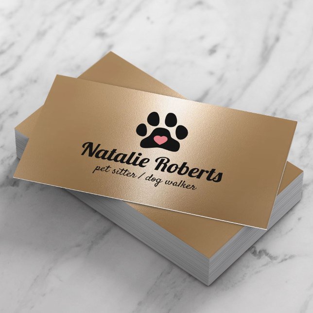 Pet Sitter Dog Walker Paw Heart Modern Gold Business Card (Creator Uploaded)