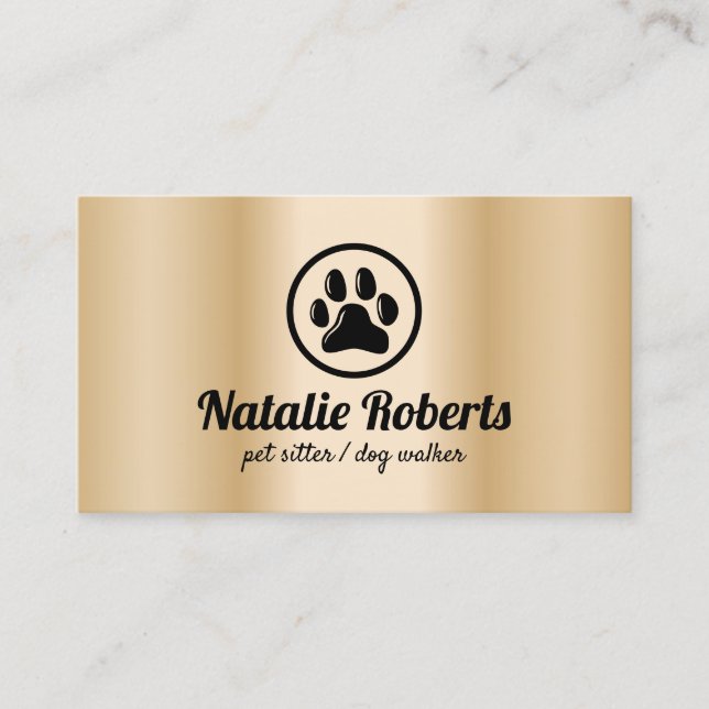 Pet Sitter Dog Walker Paw Logo Modern Gold Business Card (Front)